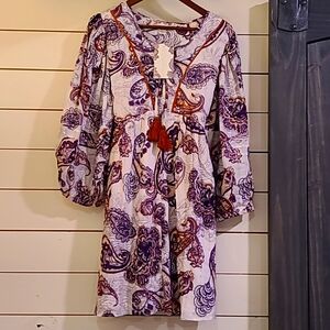 Free People White Dress with Purple Paisley and Rust Tassels